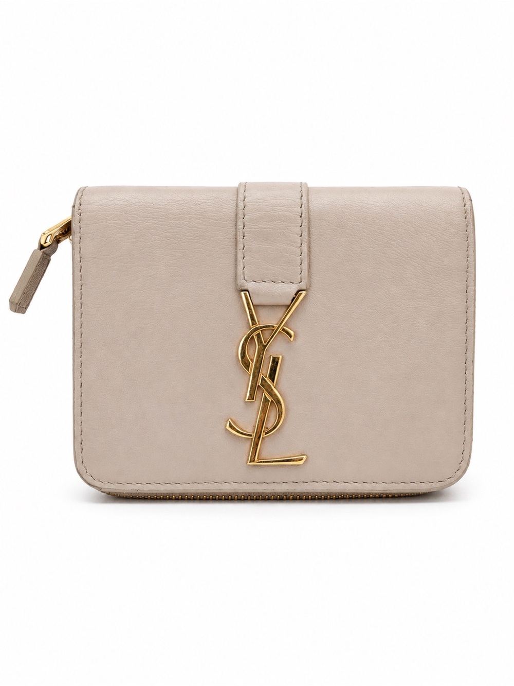 Yves Saint Laurent Beige Leather Compact Wallet with Gold YSL Logo